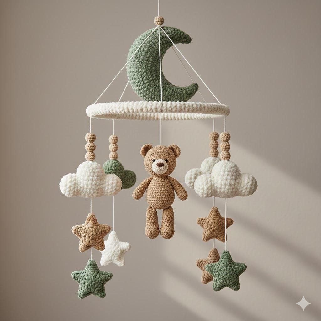 Handmade Crochet Bear Mobile, Moon Cloud Hanging Mobile, Neutral Nursery Room Decor