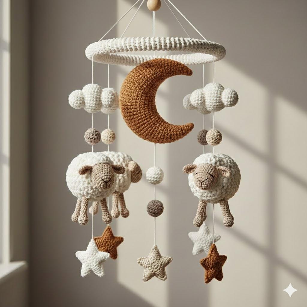Handmade Crochet Moon and Sheep Mobile, Neutral Yarn Nursery Hanging Decor