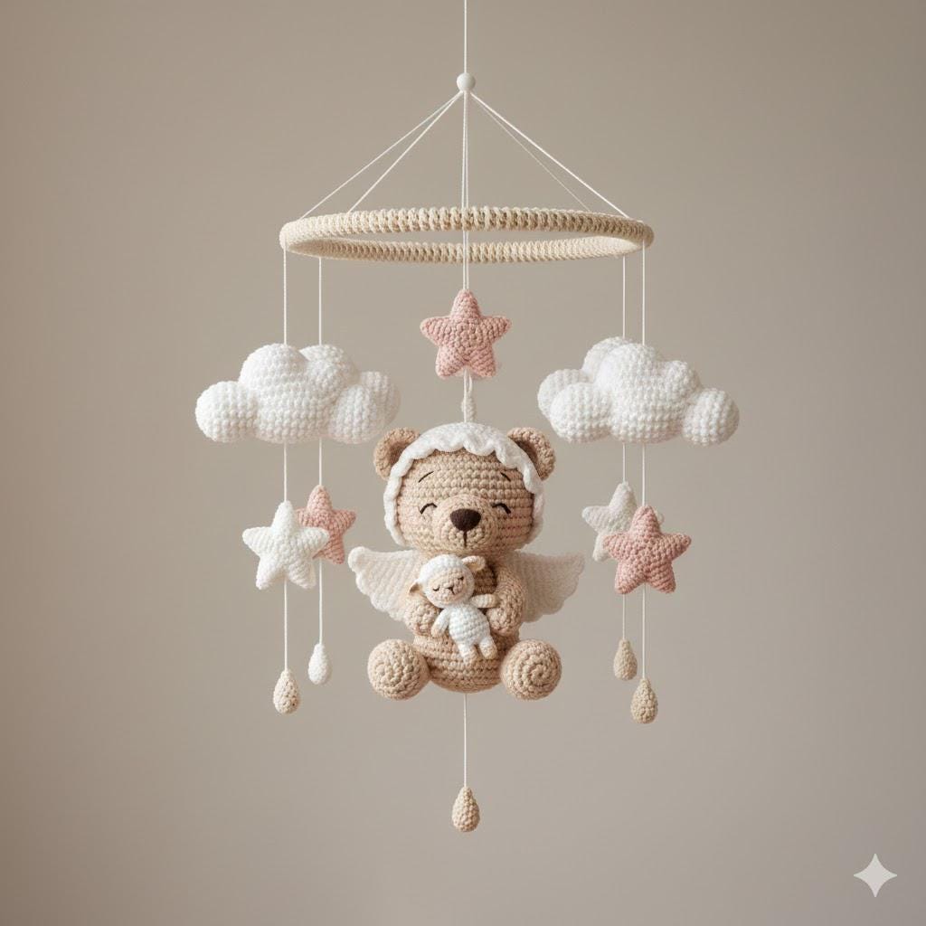 Crochet Angel Bear Mobile, Handmade Nursery Hanging Decor