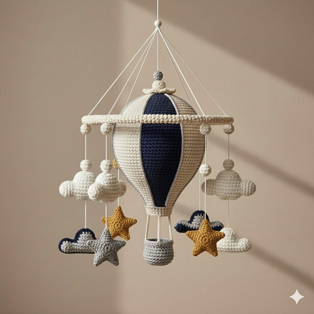 Handmade Crochet Hot Air Balloon Mobile, Neutral Hanging Nursery Decor, Yarn Cloud Star Mobile