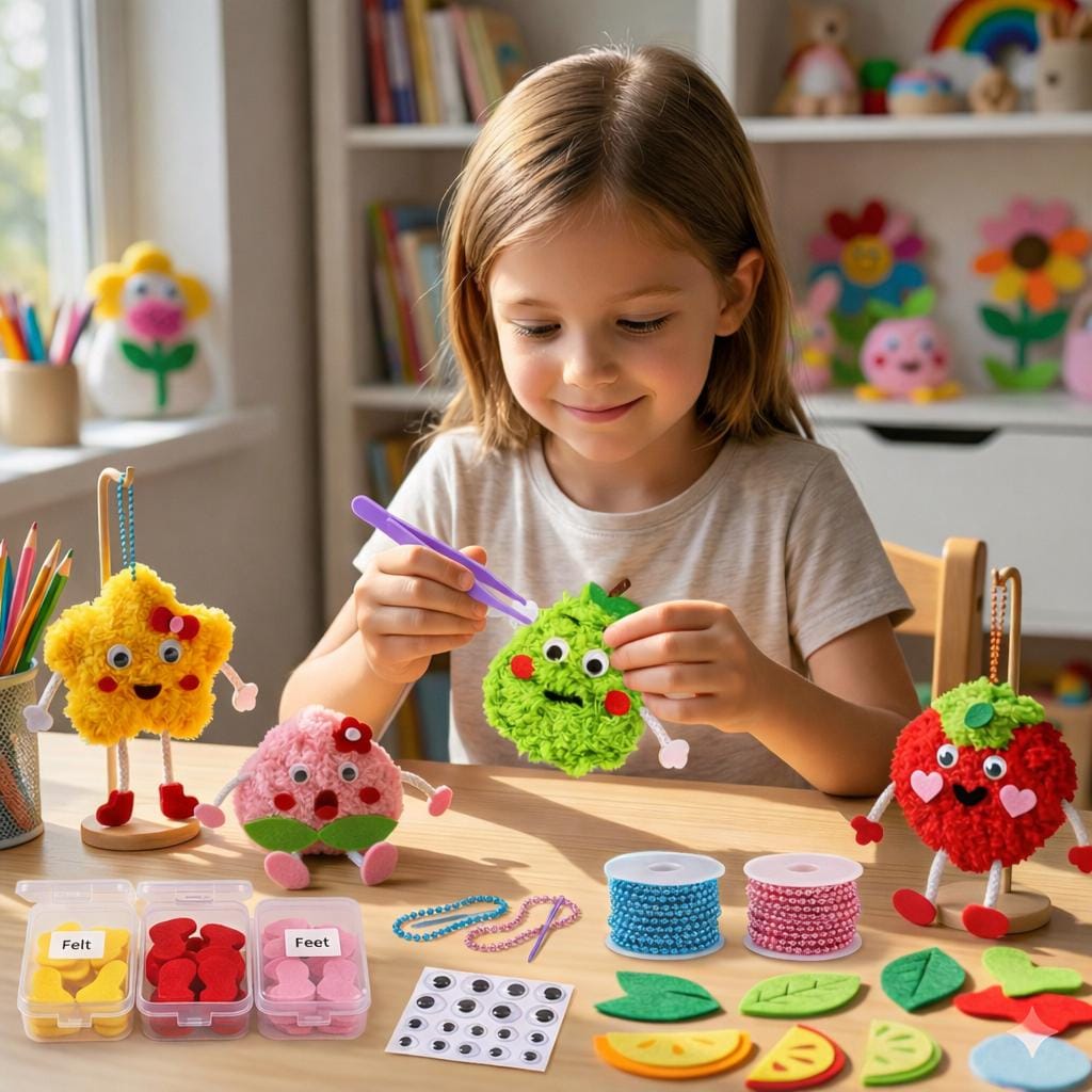 DIY Pom Pom Keychain Kit, Handmade Yarn Craft Set for Kids, Cute Fruit Crochet Toy, Creative Activity Gift, DIY Craft Kit for Children
