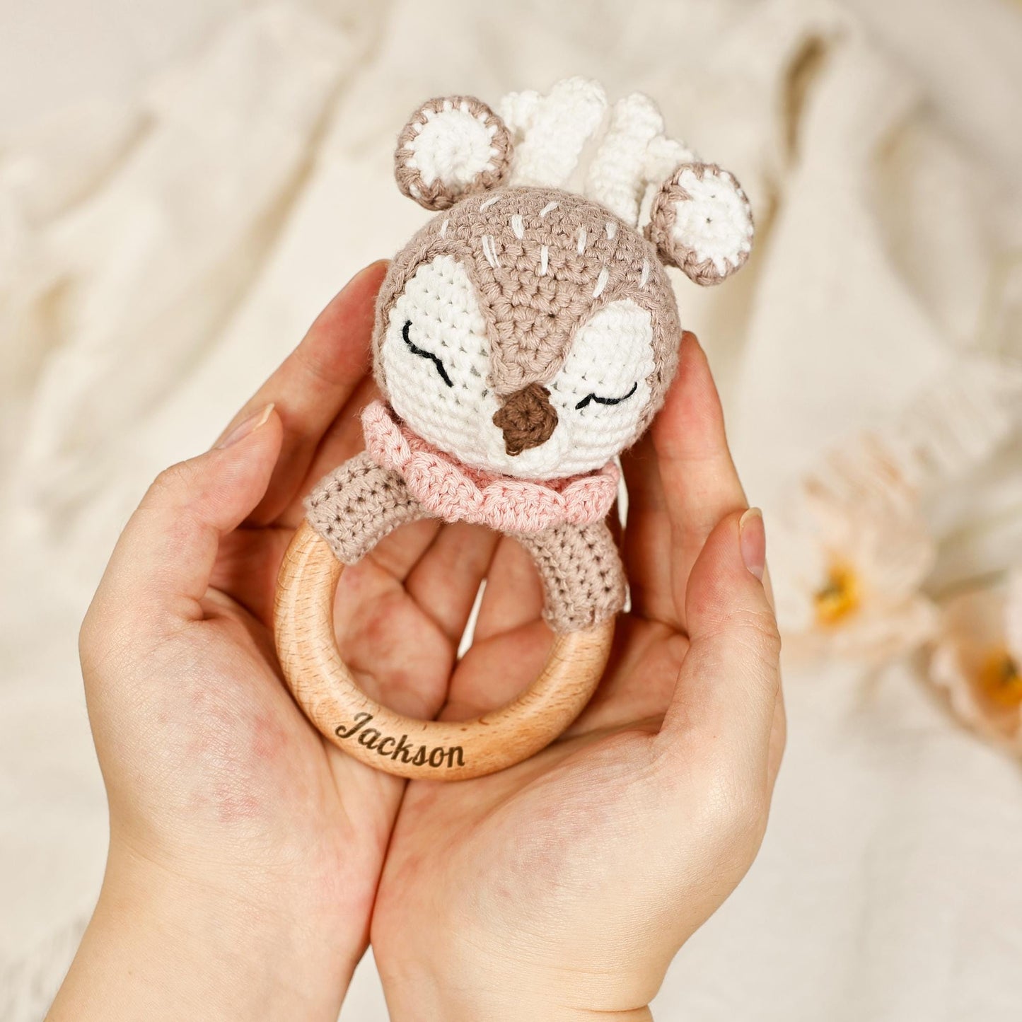 Rabbit Baby Rattle, Wooden Rattle, Personalized Name Baby Rattle, Newborn Baby Shower Gift, Birthday Gift, Crochet Toy Rattle for Baby