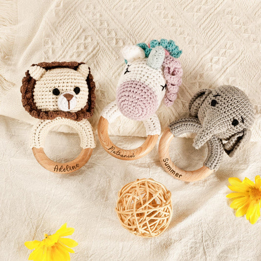 Personalized Crochet Rattle, Custom Wooden Baby Rattle, Baby Rattle, Crochet Rattle Toy, Newborn Gift , Baby Gift, Baby Toy, Birthday Gift