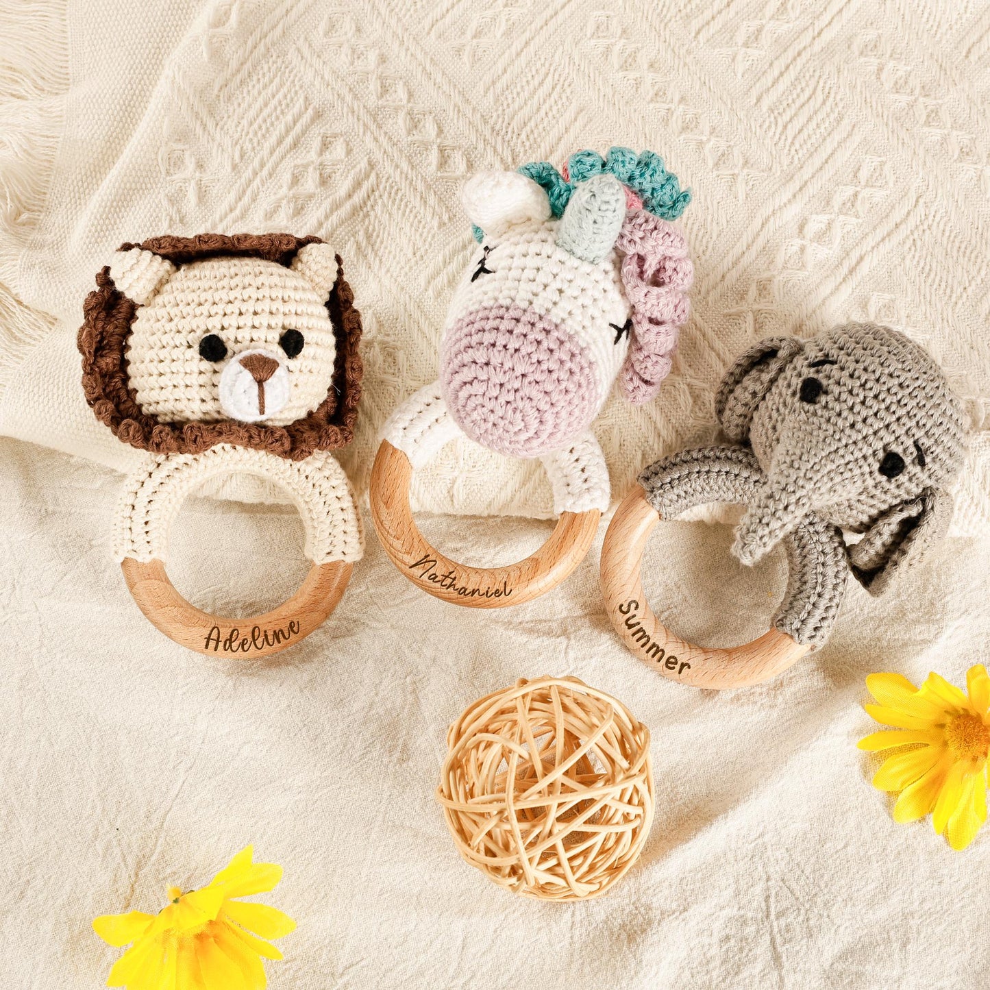 Personalized Name Baby Rattle, Animal Crochet Rattle, Baby Keepsake Gifts, New Baby Announcements, Baby Shower Gifts, Baby Toy, Wooden Toys