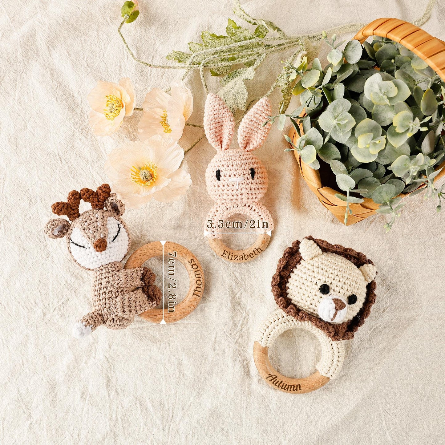 Rabbit Baby Rattle, Wooden Rattle, Personalized Name Baby Rattle, Newborn Baby Shower Gift, Birthday Gift, Crochet Toy Rattle for Baby
