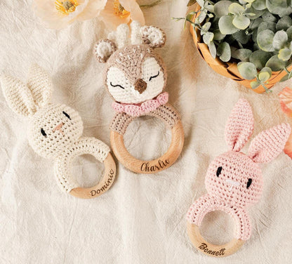 Personalized Crochet Rattle, Custom Wooden Baby Rattle, Baby Rattle, Crochet Rattle Toy, Newborn Gift , Baby Gift, Baby Toy, Birthday Gift