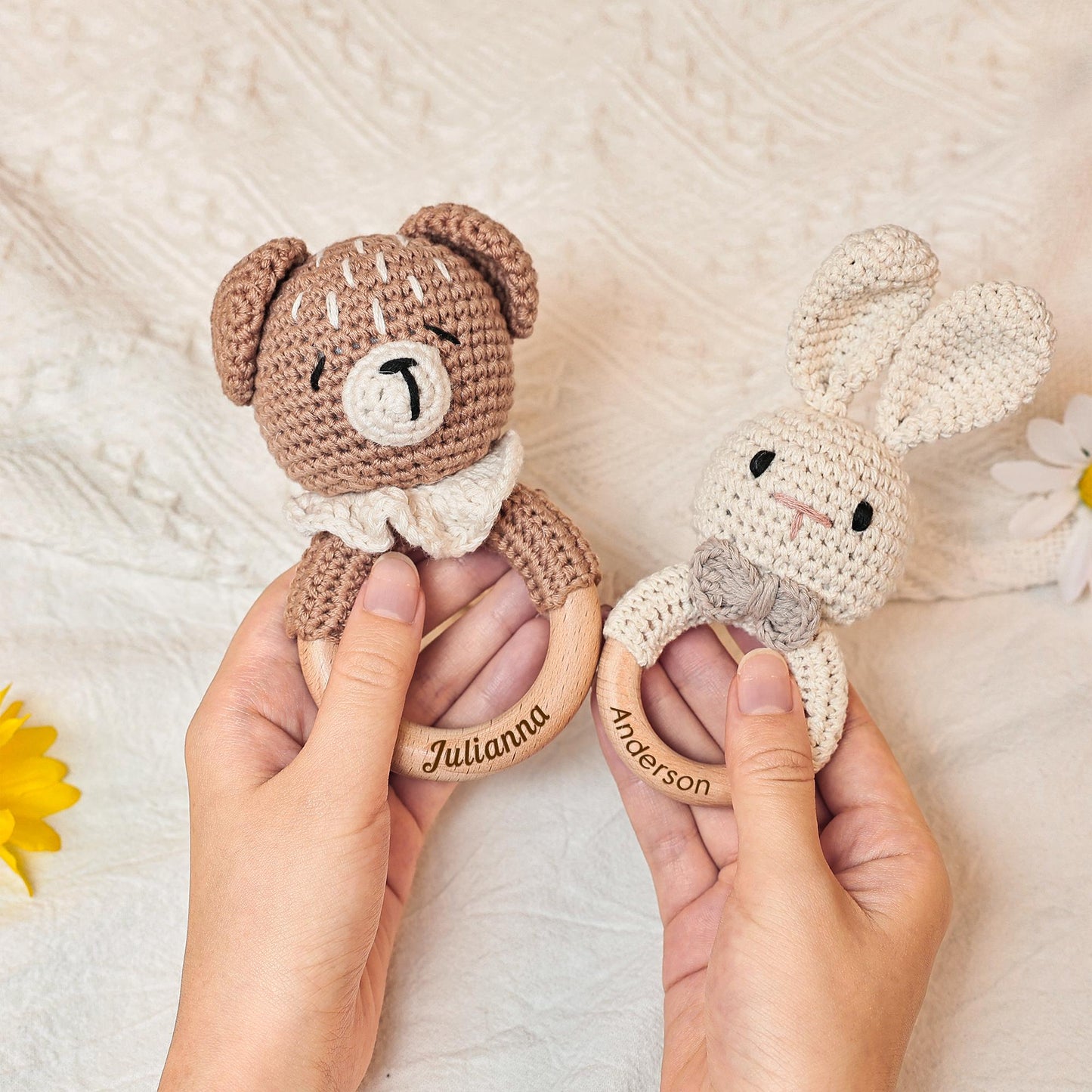 Wooden Baby Rattle, Engraved Baby Rattle with Name, Customizable Baby Rattle, Crochet Toy Rattle, Newborn Gift, Baby Shower Gift