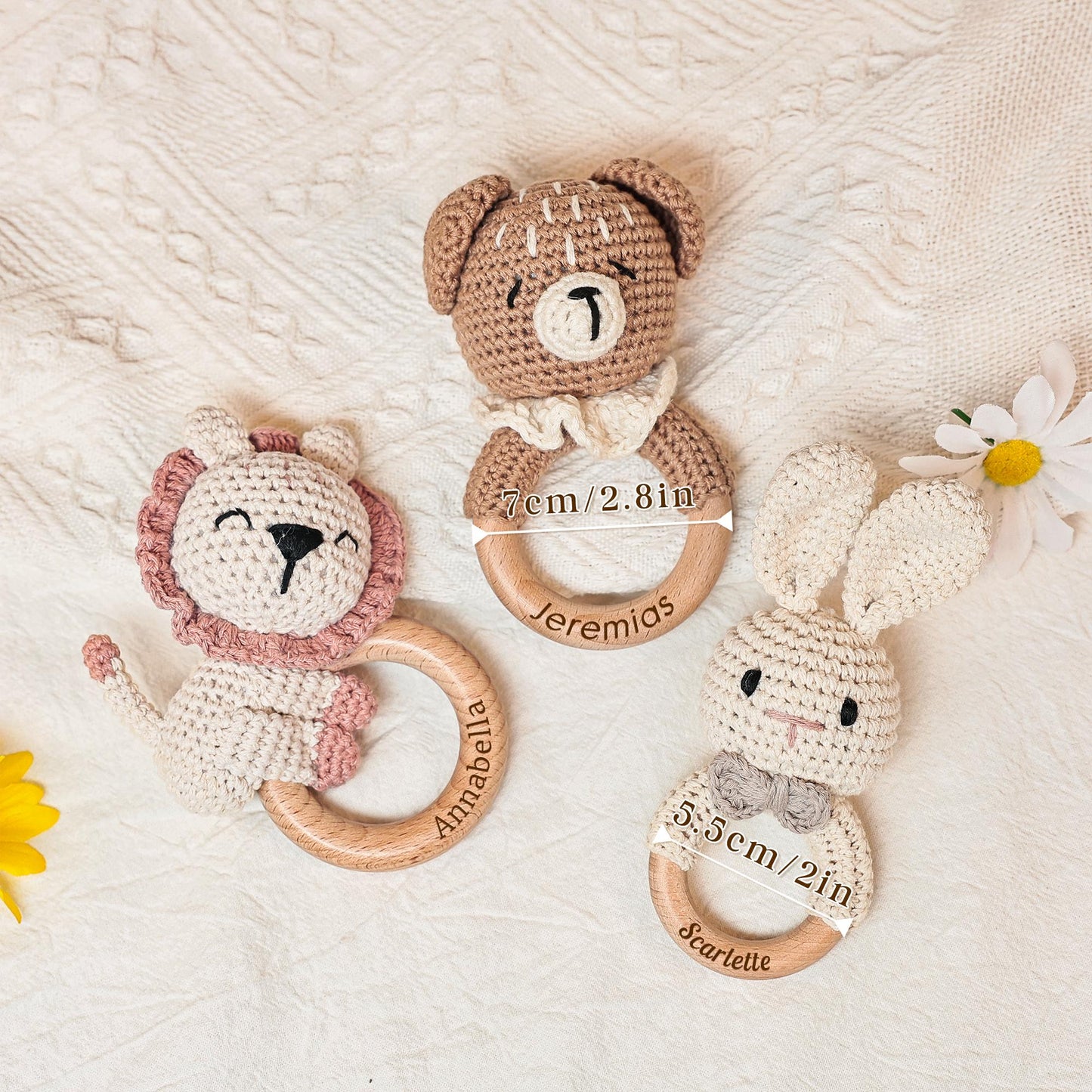 Wooden Baby Rattle, Engraved Baby Rattle with Name, Customizable Baby Rattle, Crochet Toy Rattle, Newborn Gift, Baby Shower Gift
