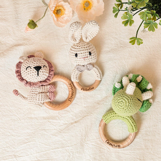 Wooden Baby Rattle, Engraved Baby Rattle with Name, Customizable Baby Rattle, Crochet Toy Rattle, Newborn Gift, Baby Shower Gift
