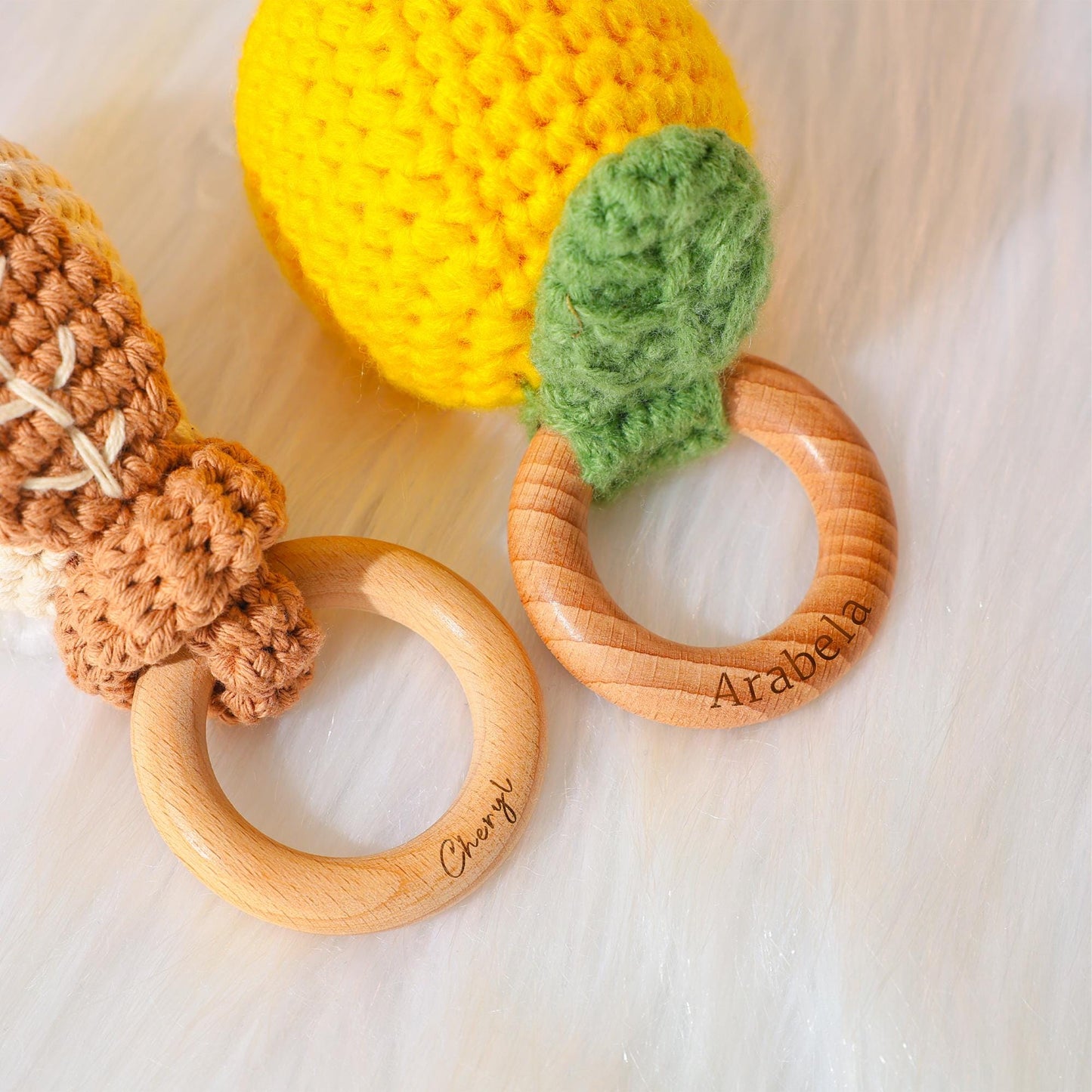 Personalized Crochet Rattle, Engraved Wooden Rattle Ring with Baby Name, Custom Baby Shower GiftNewborn Gift, Gift for Nephew Niece