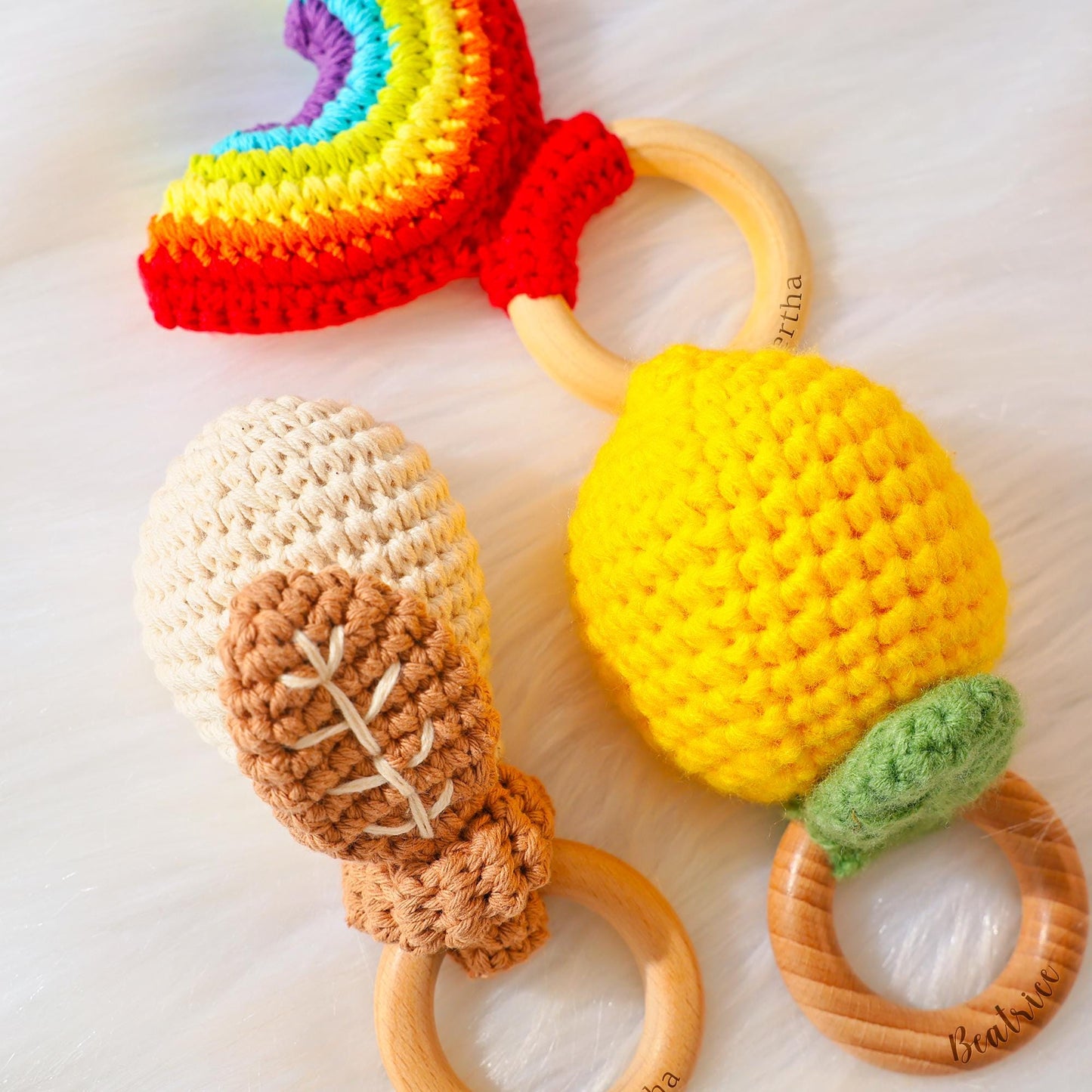 Personalized Crochet Rattle, Engraved Wooden Rattle Ring with Baby Name, Custom Baby Shower GiftNewborn Gift, Gift for Nephew Niece