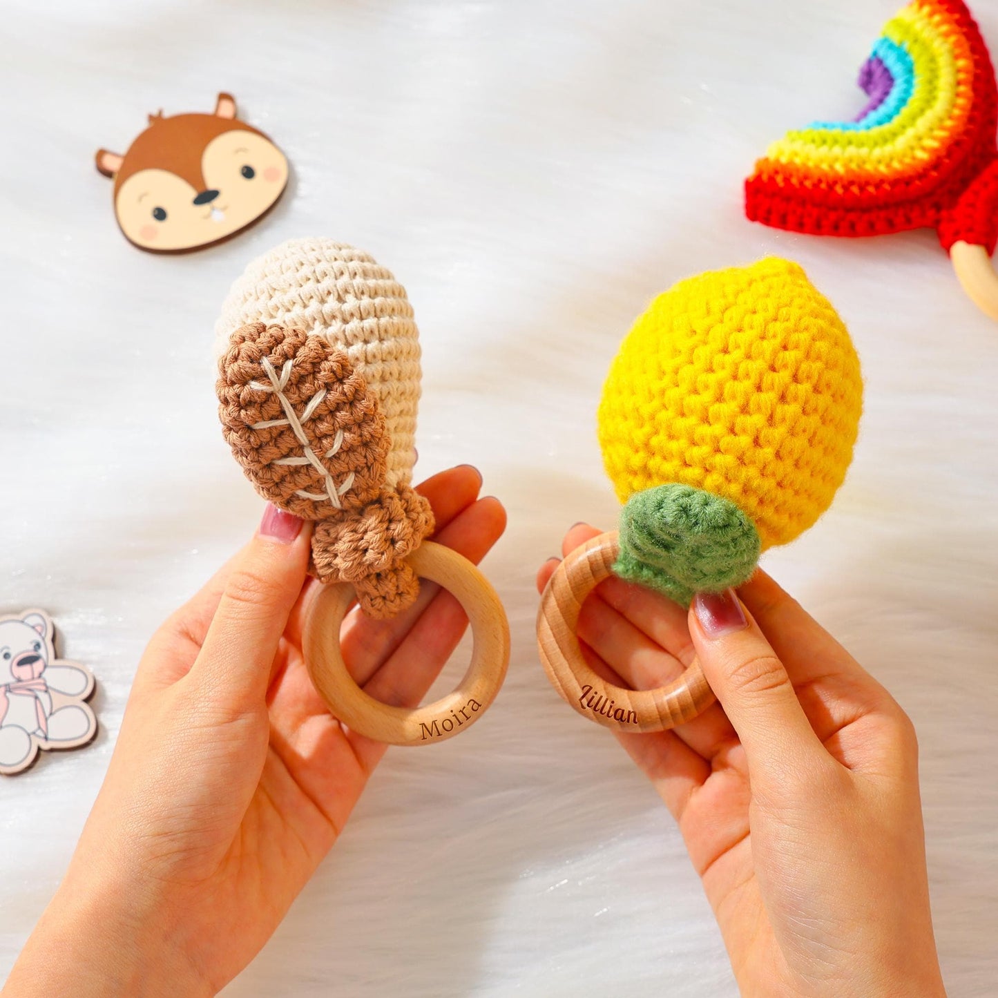 Personalized Fruit Rattle, Name Engraving Baby Gift, Wooden Rattle Gift for Baby, Newborn Gift, Gift for Nephew Niece, Teether Bites Wood