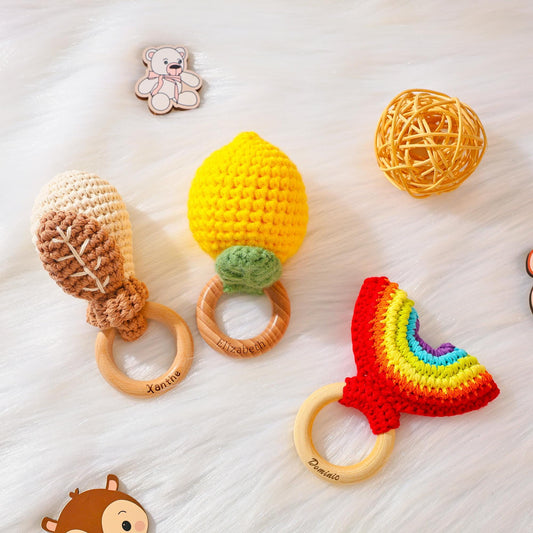 Personalized Fruit Rattle, Name Engraving Baby Gift, Wooden Rattle Gift for Baby, Newborn Gift, Gift for Nephew Niece, Teether Bites Wood
