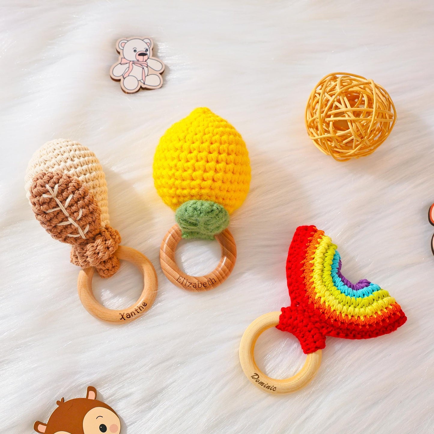Personalized Crochet Rattle, Engraved Wooden Rattle Ring with Baby Name, Custom Baby Shower GiftNewborn Gift, Gift for Nephew Niece