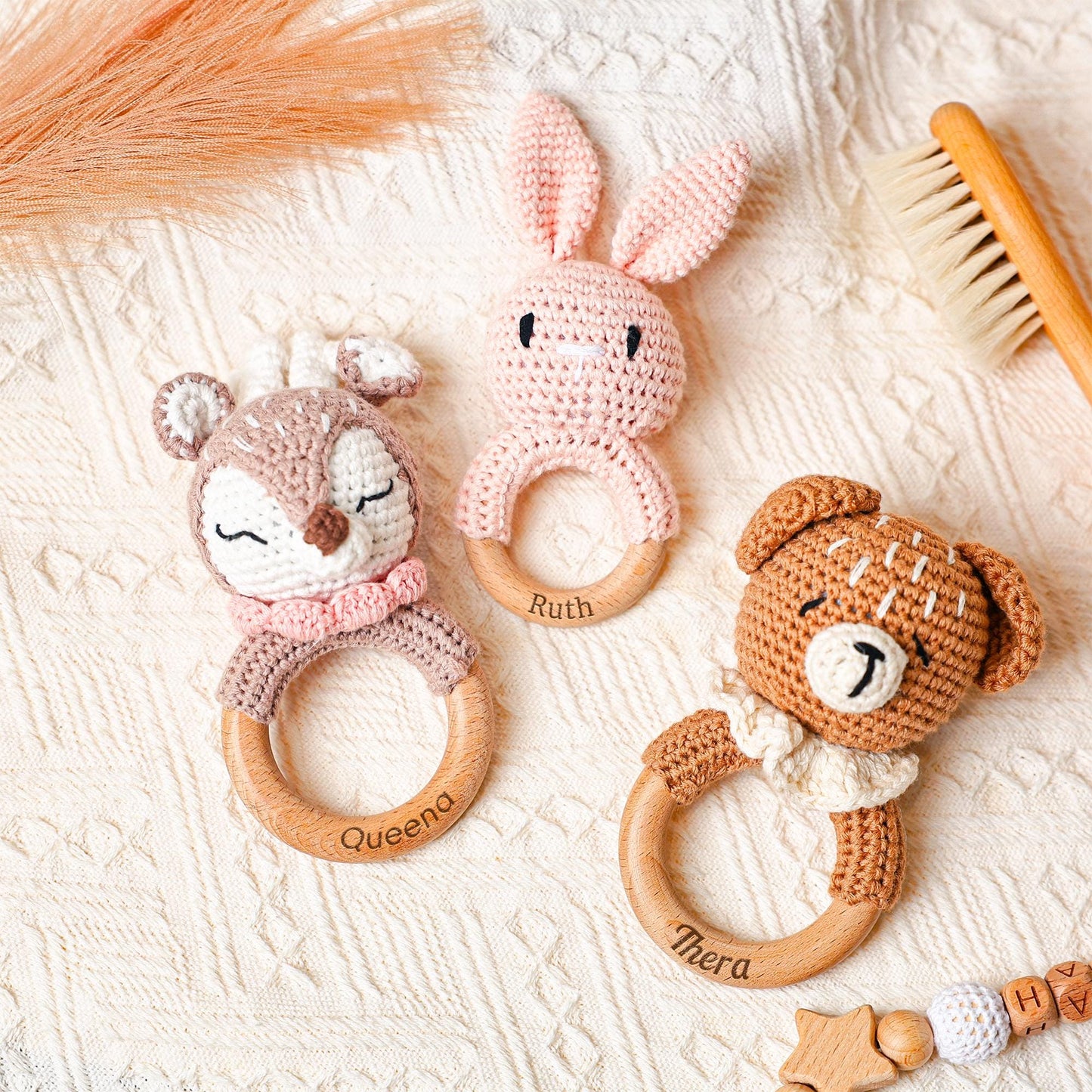 Crochet Toy Rattle for Baby, Personalized Baby Shower Gift, Baby Rattle, Wooden Rattle Ring for Newborn Gift, Gift for Nephew Niece