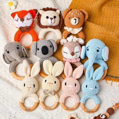 Crochet Toy Rattle for Baby, Personalized Baby Shower Gift, Baby Rattle, Wooden Rattle Ring for Newborn Gift, Gift for Nephew Niece