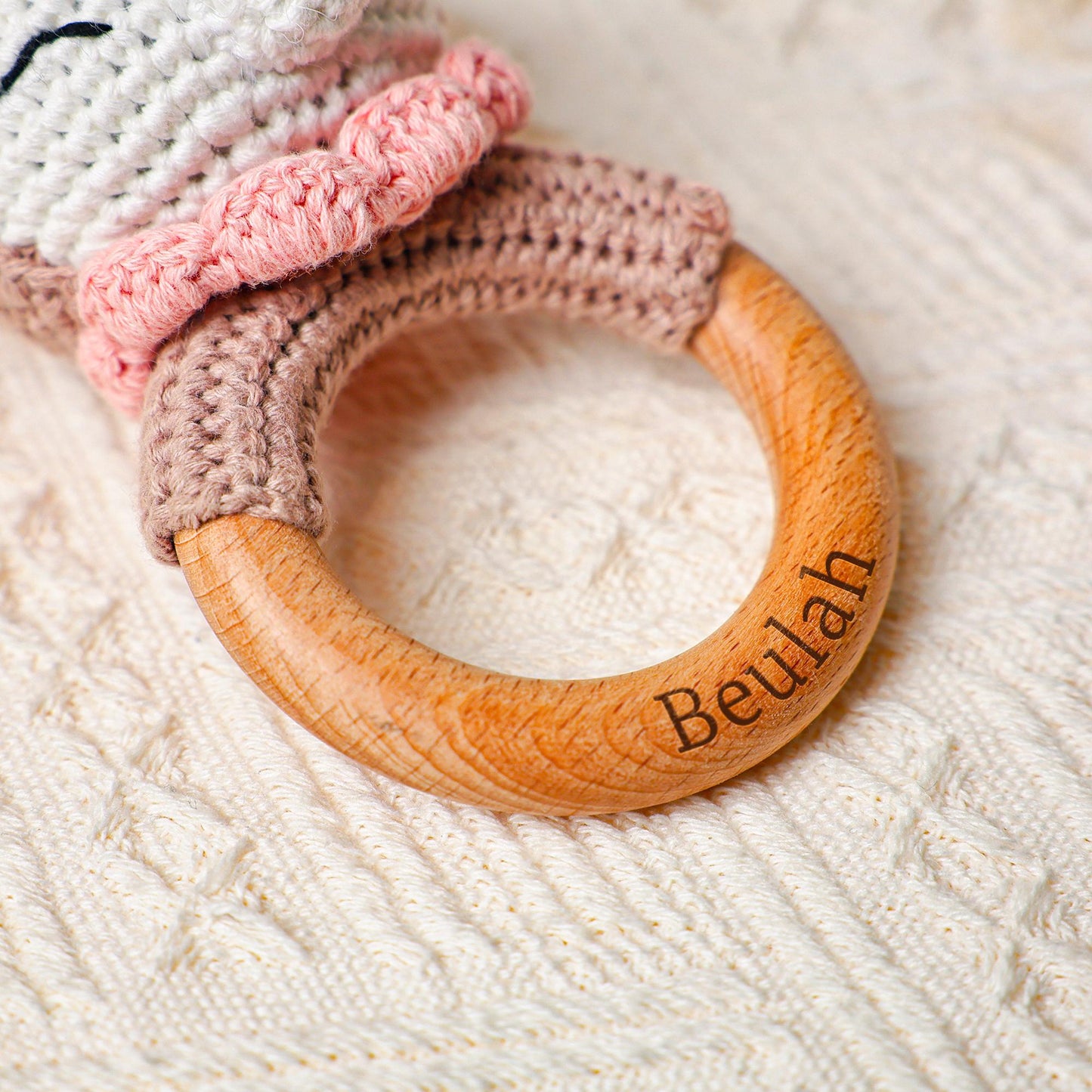Crochet Toy Rattle for Baby, Personalized Baby Shower Gift, Baby Rattle, Wooden Rattle Ring for Newborn Gift, Gift for Nephew Niece