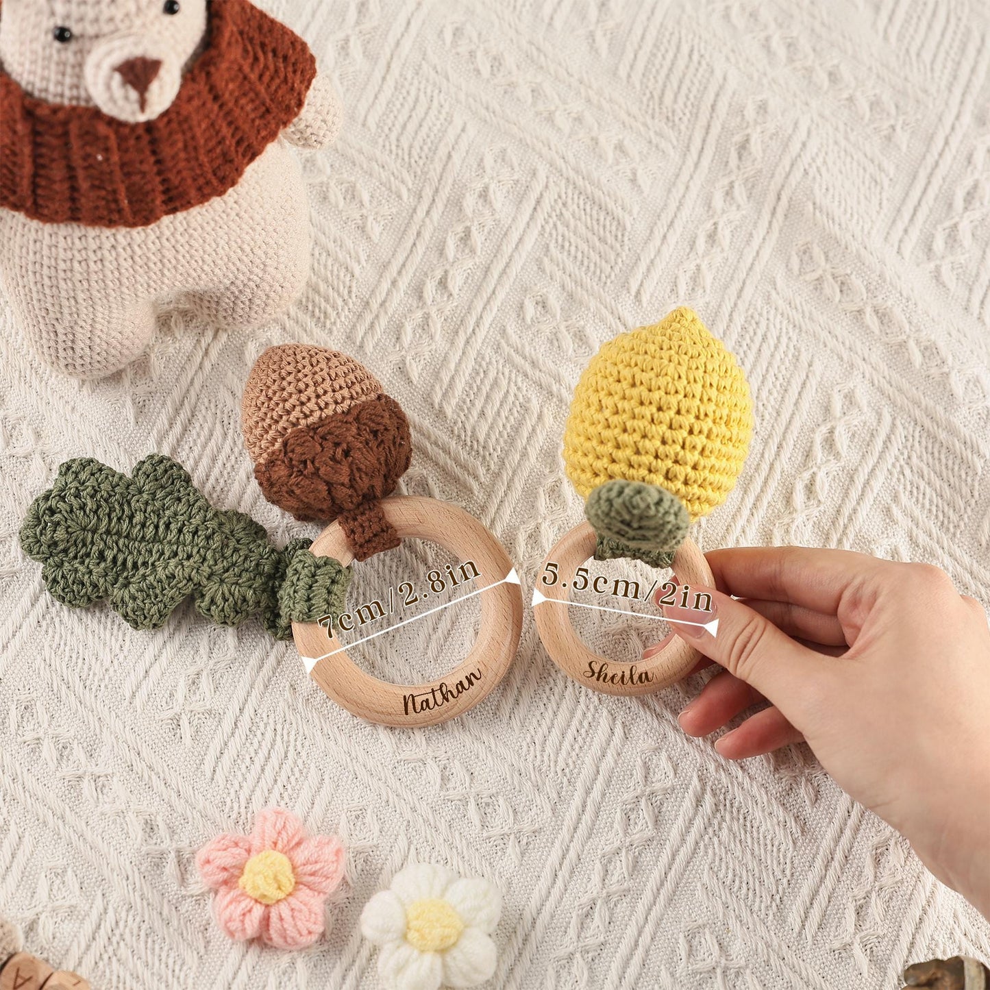 Personalized Animal Crochet Rattle,Custom Wooden Baby Rattle,Engraved Crochet Toy Rattle with Name for Baby,Newborn Gift,Baby Shower Gift