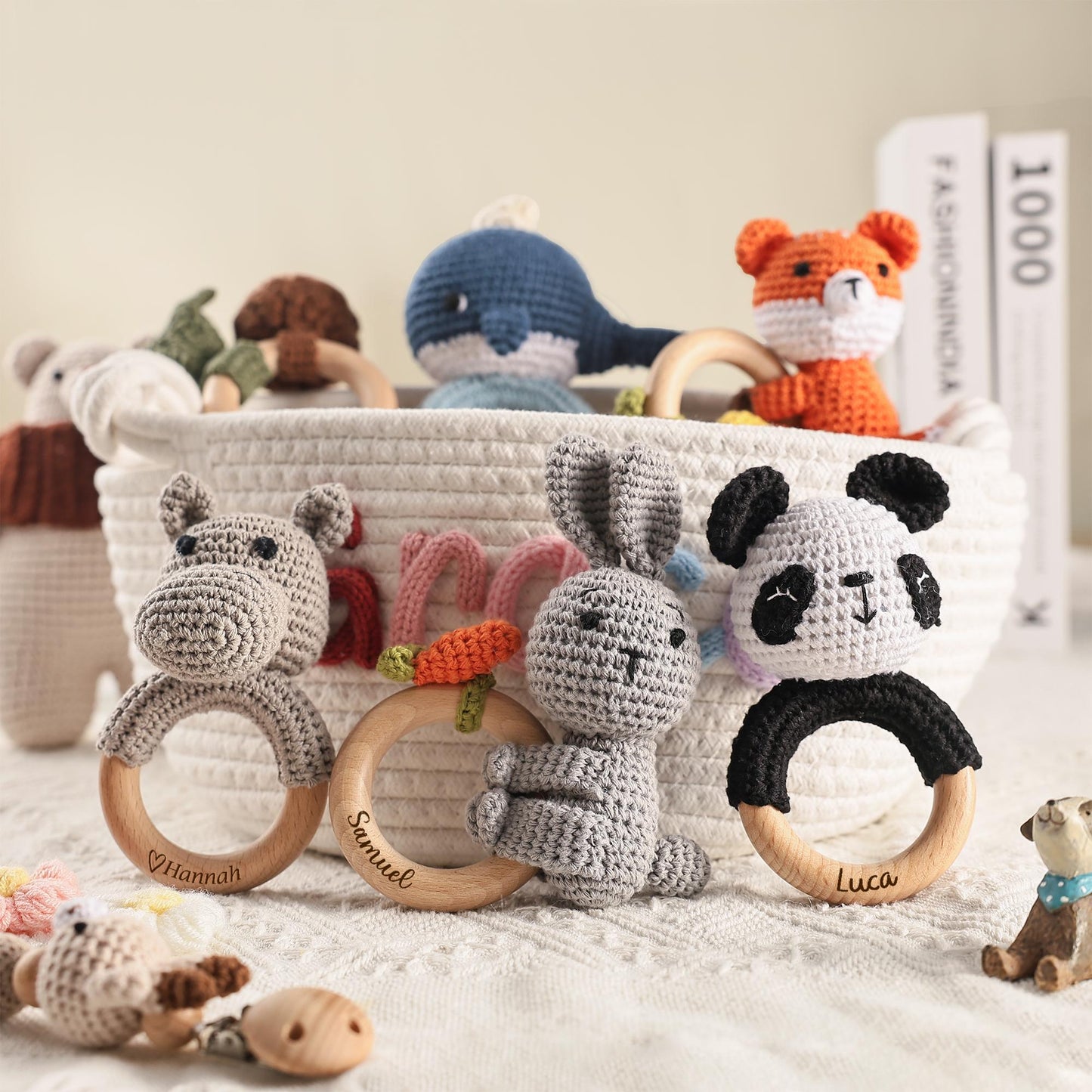 Personalized Animal Crochet Rattle,Custom Wooden Baby Rattle,Engraved Crochet Toy Rattle with Name for Baby,Newborn Gift,Baby Shower Gift