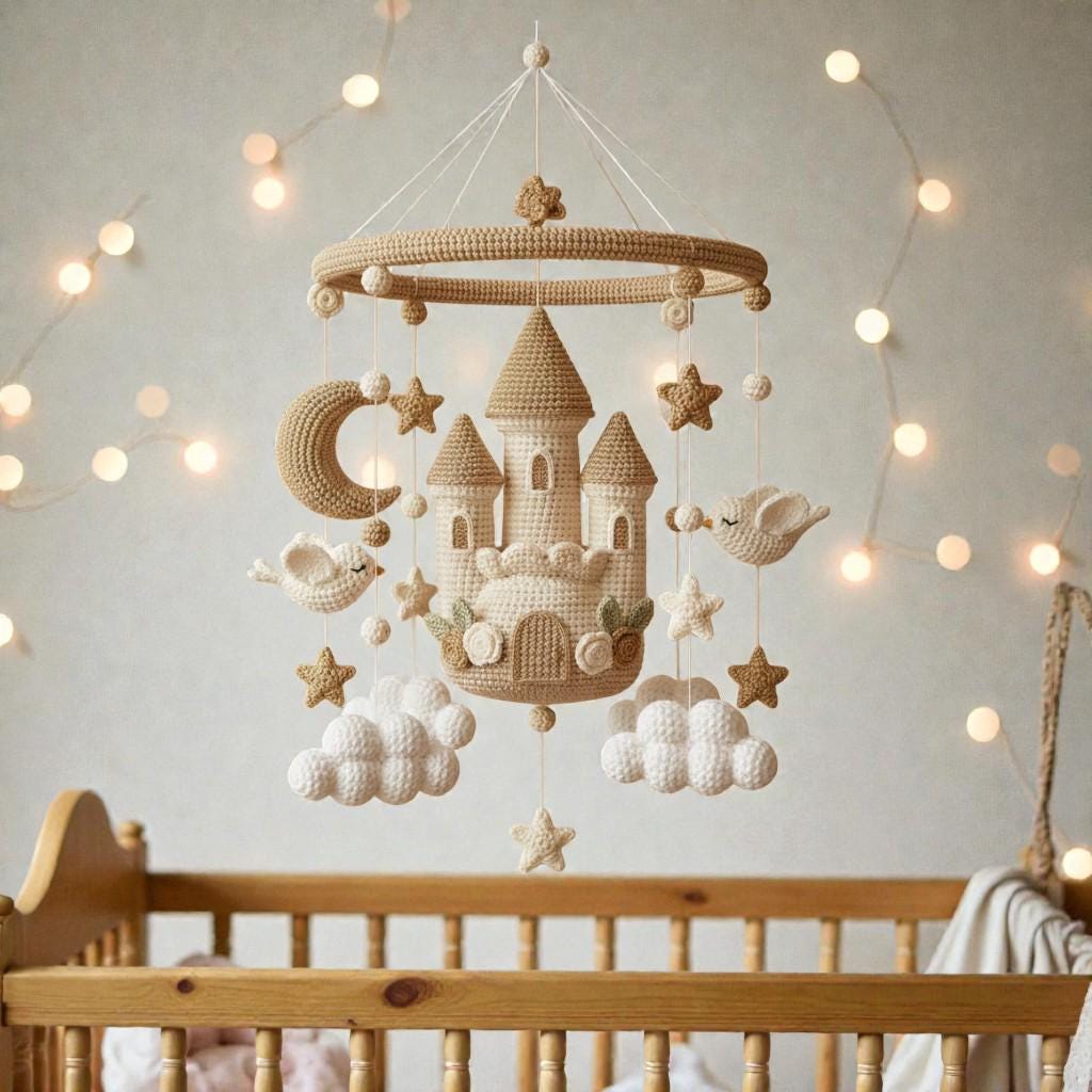 Crochet Castle Hanging Mobile, Fairytale Castle Yarn Decor, Moon Star Cloud Mobile, Handmade Fantasy Room Decor