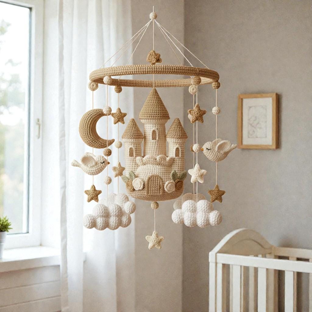 Crochet Castle Hanging Mobile, Fairytale Castle Yarn Decor, Moon Star Cloud Mobile, Handmade Fantasy Room Decor