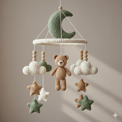 Handmade Crochet Bear Mobile, Moon Cloud Hanging Mobile, Neutral Nursery Room Decor