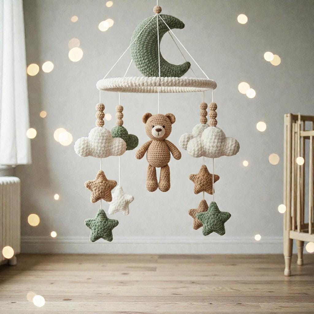 Handmade Crochet Bear Mobile, Moon Cloud Hanging Mobile, Neutral Nursery Room Decor