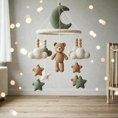 Handmade Crochet Bear Mobile, Moon Cloud Hanging Mobile, Neutral Nursery Room Decor