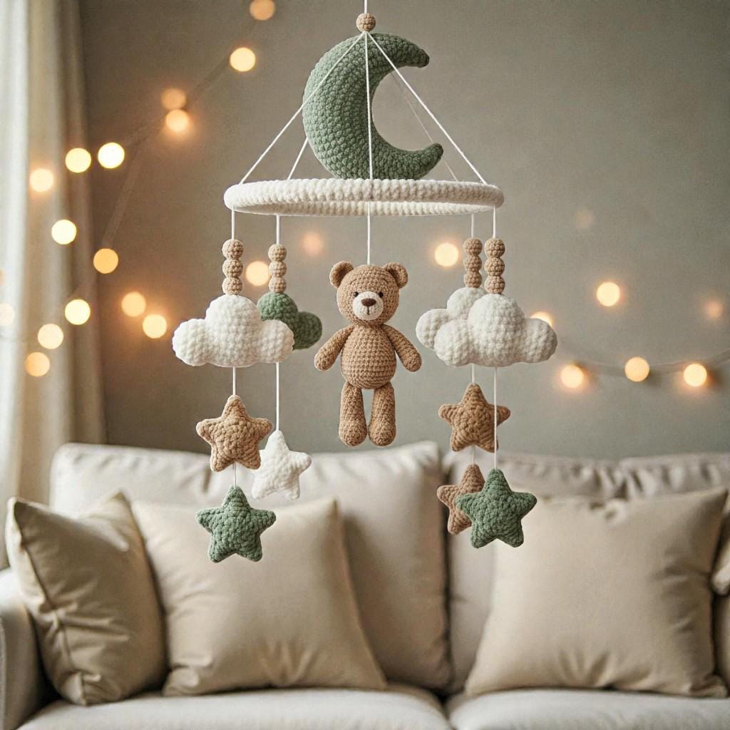 Handmade Crochet Bear Mobile, Moon Cloud Hanging Mobile, Neutral Nursery Room Decor