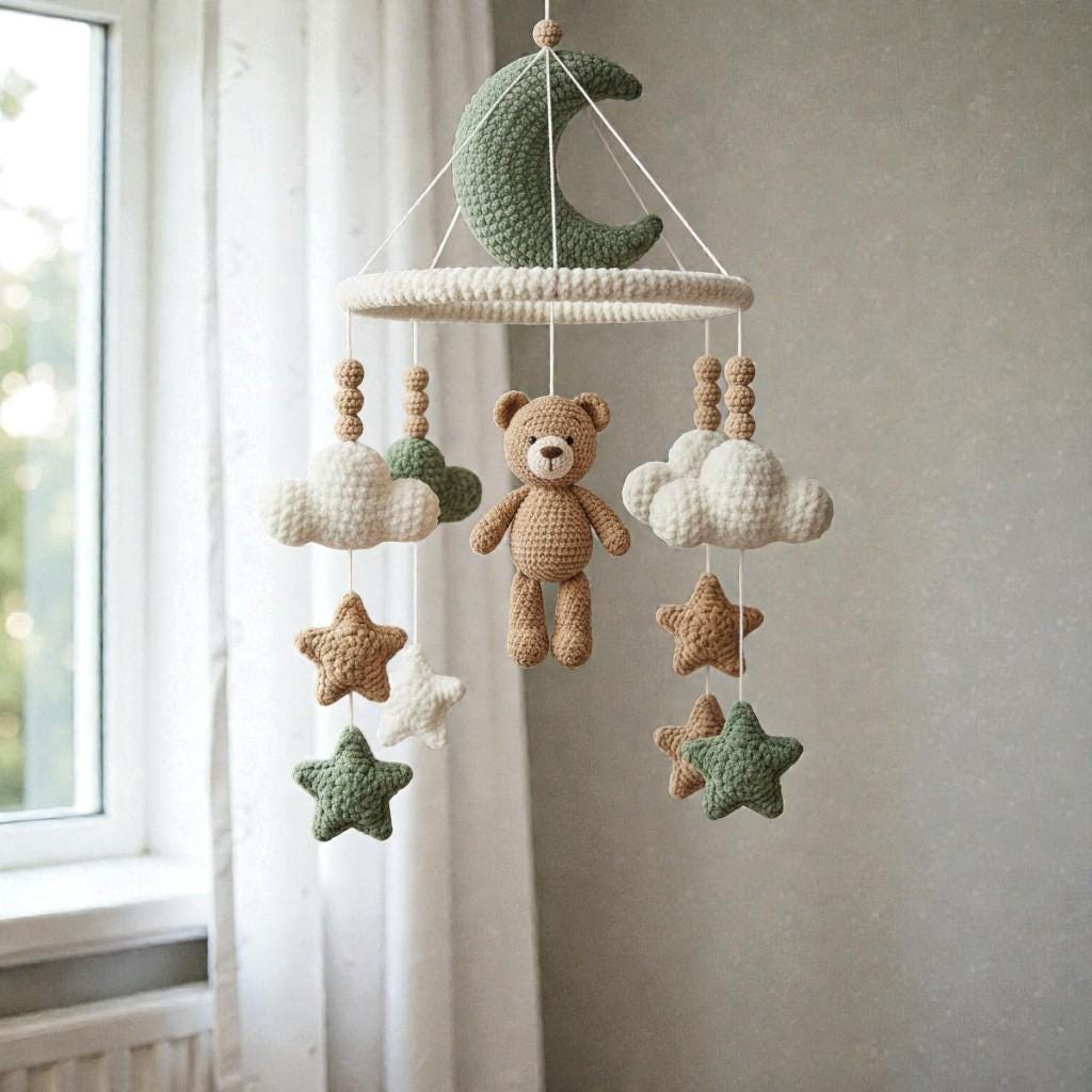 Handmade Crochet Bear Mobile, Moon Cloud Hanging Mobile, Neutral Nursery Room Decor