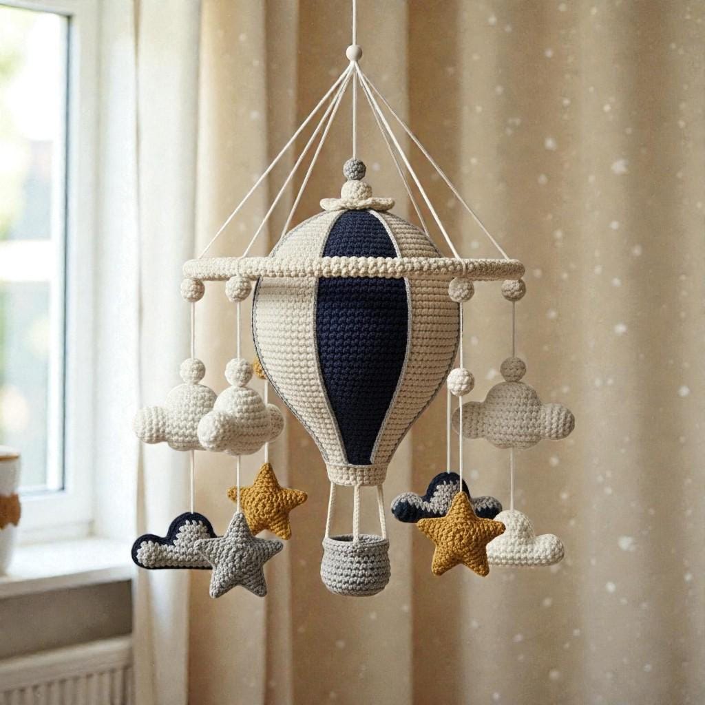 Handmade Crochet Hot Air Balloon Mobile, Neutral Hanging Nursery Decor, Yarn Cloud Star Mobile