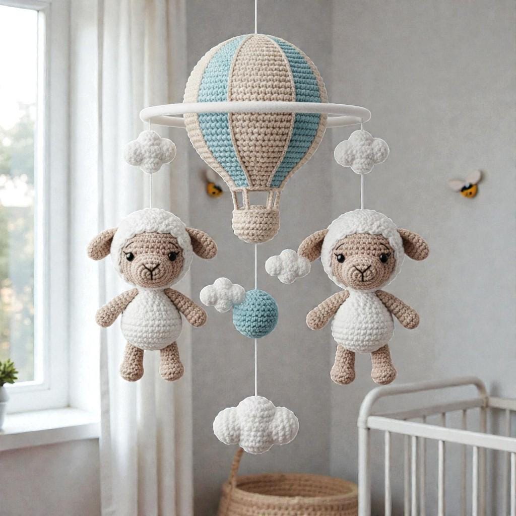 Handmade Crochet Sheep Hot Air Balloon Mobile, Yarn Animal Mobile for Neutral Nursery Decor