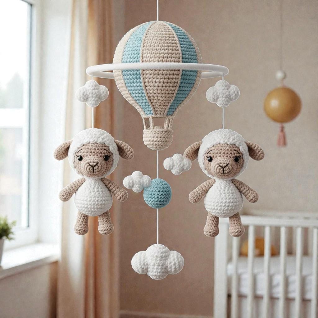 Handmade Crochet Sheep Hot Air Balloon Mobile, Yarn Animal Mobile for Neutral Nursery Decor