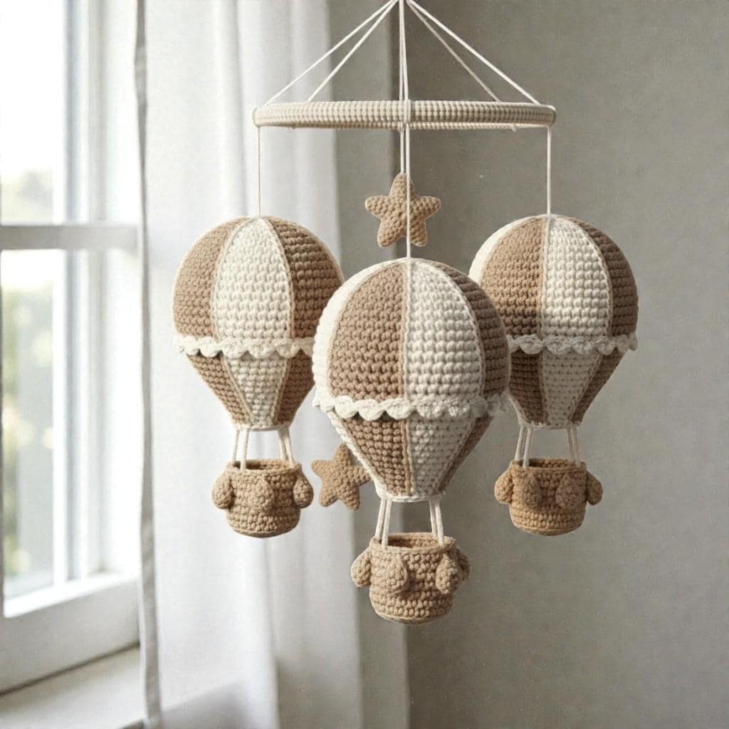 Handmade Crochet Hot Air Balloon Mobile, Neutral Yarn Hanging Mobile for Nursery Decor