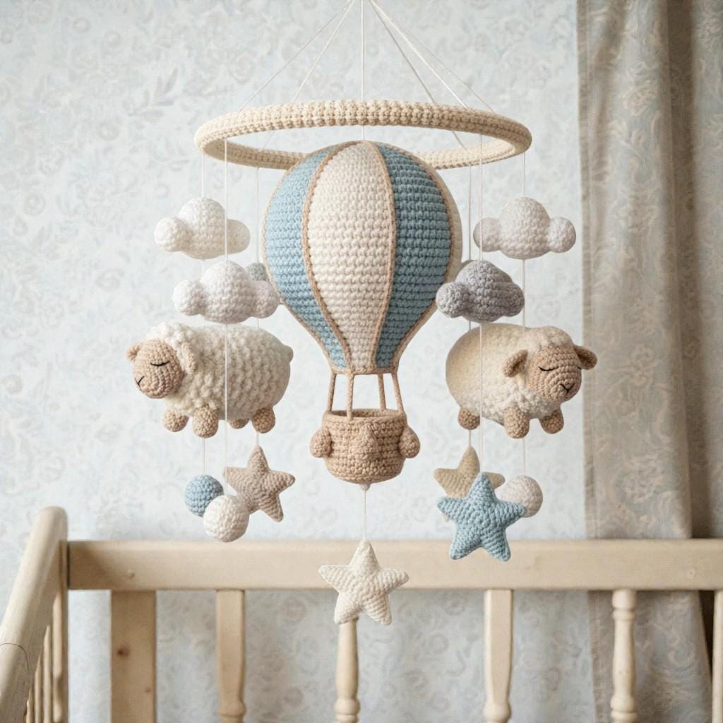 Handmade Crochet Hot Air Balloon Mobile with Sheep, Neutral Yarn Nursery Hanging Decor
