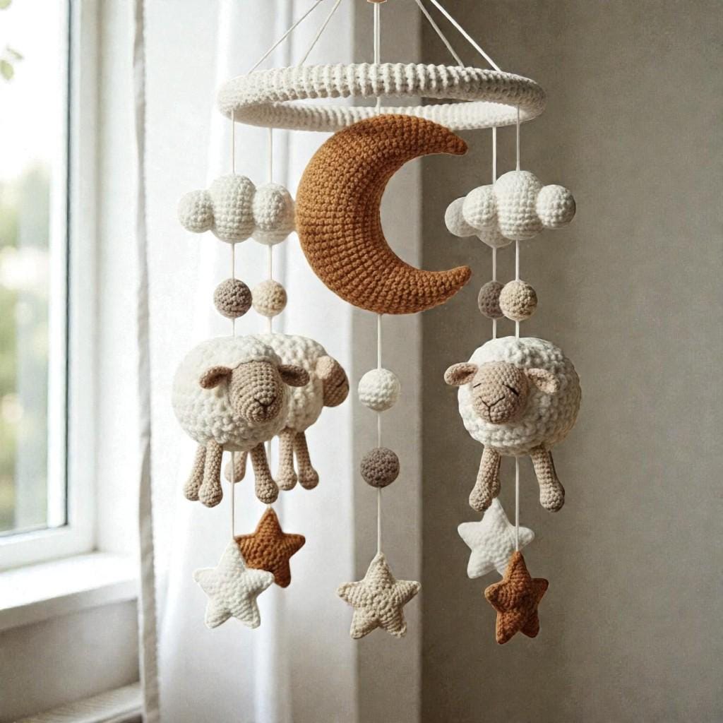 Handmade Crochet Moon and Sheep Mobile, Neutral Yarn Nursery Hanging Decor