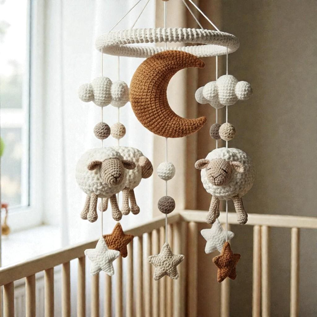 Handmade Crochet Moon and Sheep Mobile, Neutral Yarn Nursery Hanging Decor