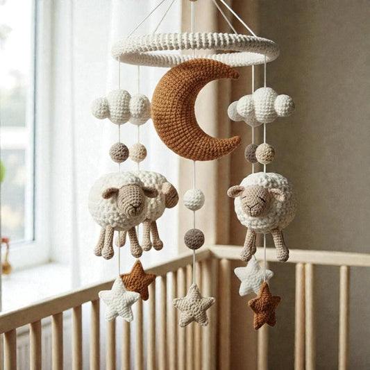 Handmade Crochet Moon and Sheep Mobile, Neutral Yarn Nursery Hanging Decor