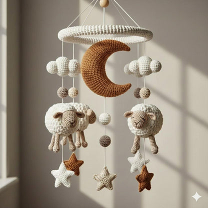 Handmade Crochet Moon and Sheep Mobile, Neutral Yarn Nursery Hanging Decor