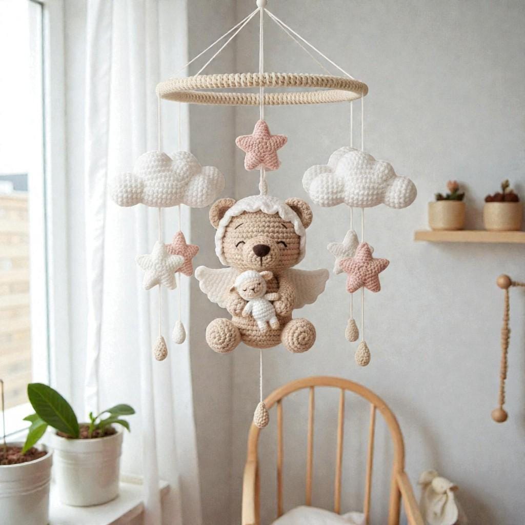 Crochet Angel Bear Mobile, Handmade Nursery Hanging Decor