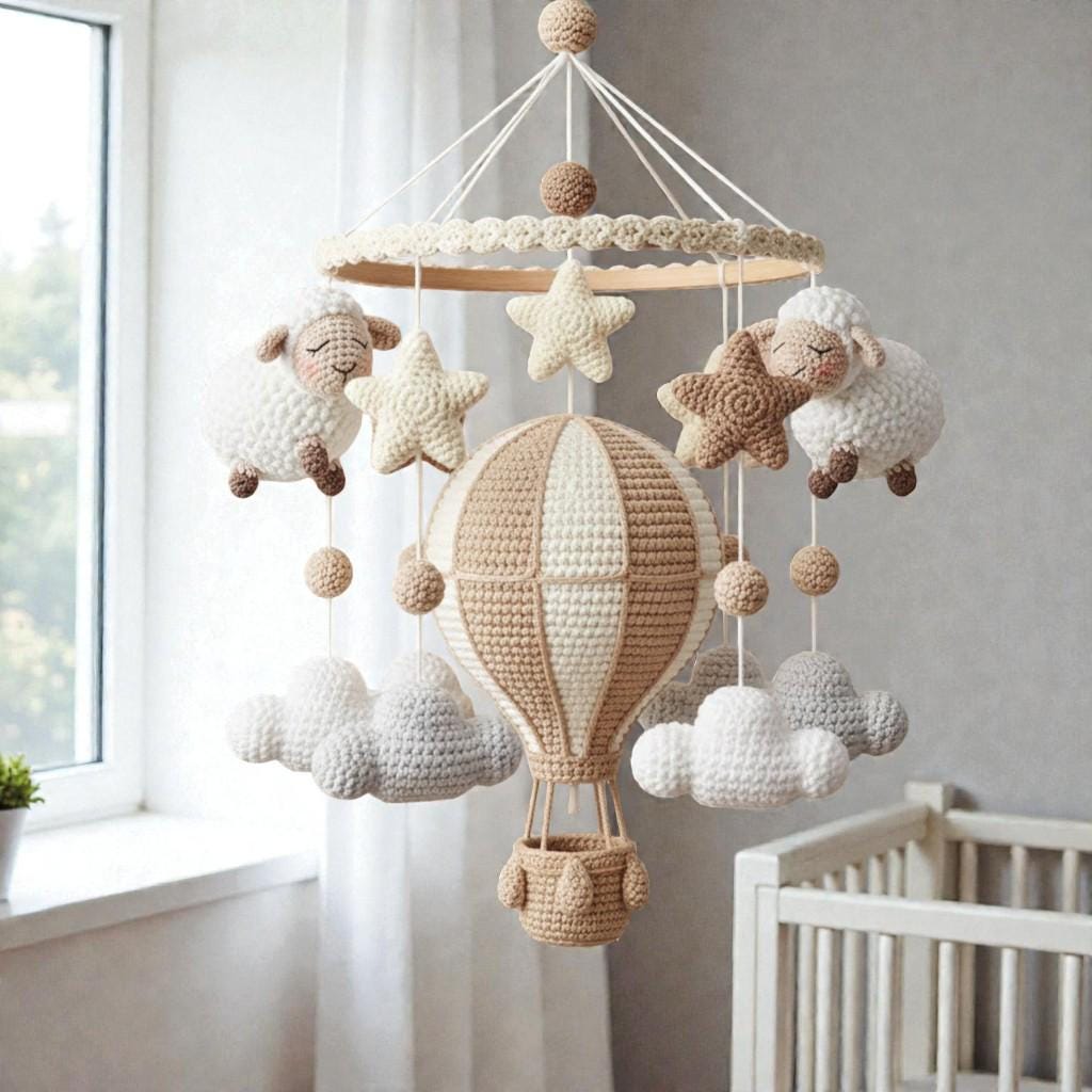 Crochet Sheep Hot Air Balloon Mobile, Neutral Nursery Hanging Decor
