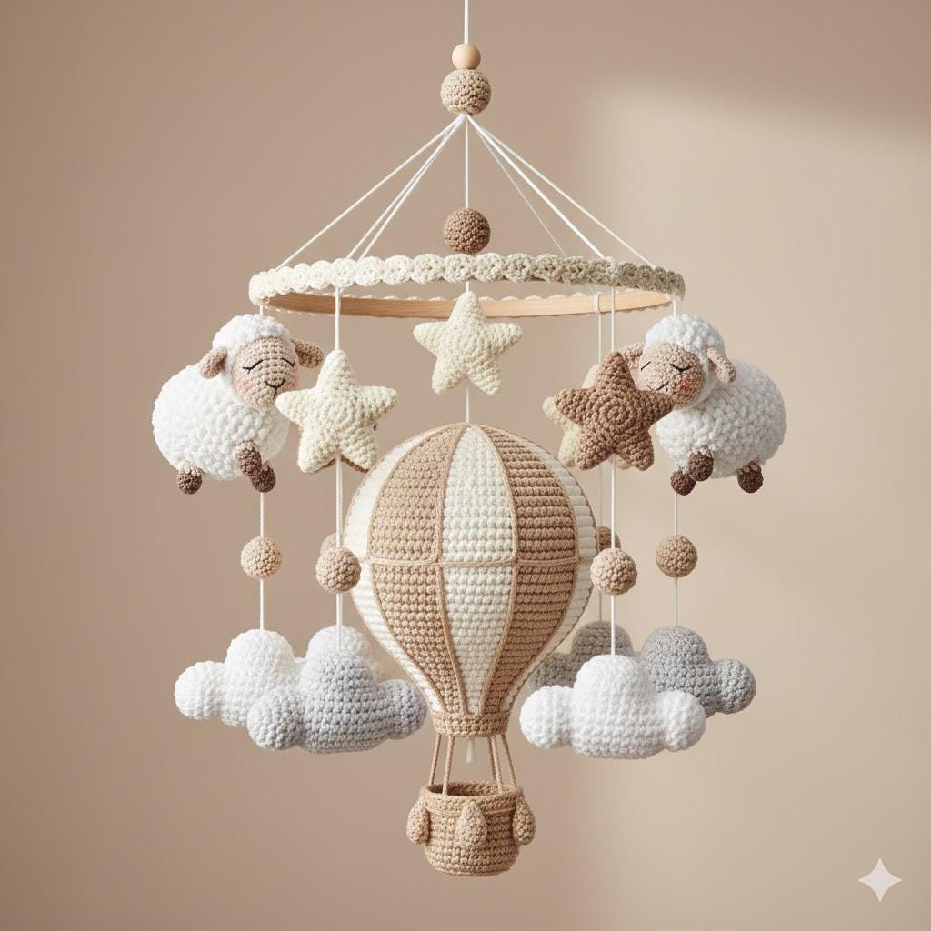 Crochet Sheep Hot Air Balloon Mobile, Neutral Nursery Hanging Decor