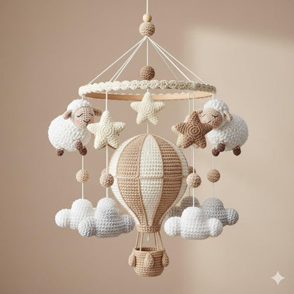 Crochet Sheep Hot Air Balloon Mobile, Neutral Nursery Hanging Decor