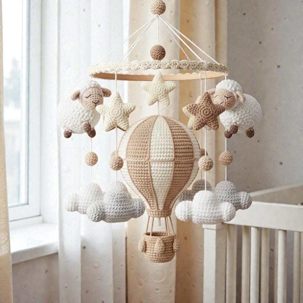 Crochet Sheep Hot Air Balloon Mobile, Neutral Nursery Hanging Decor