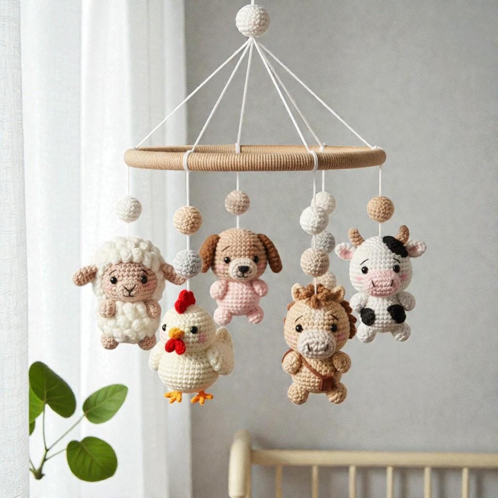 Crochet Animal , Handmade Hanging , Theme Nursery Decor, Neutral Farm Mobile, Textile Art Decor