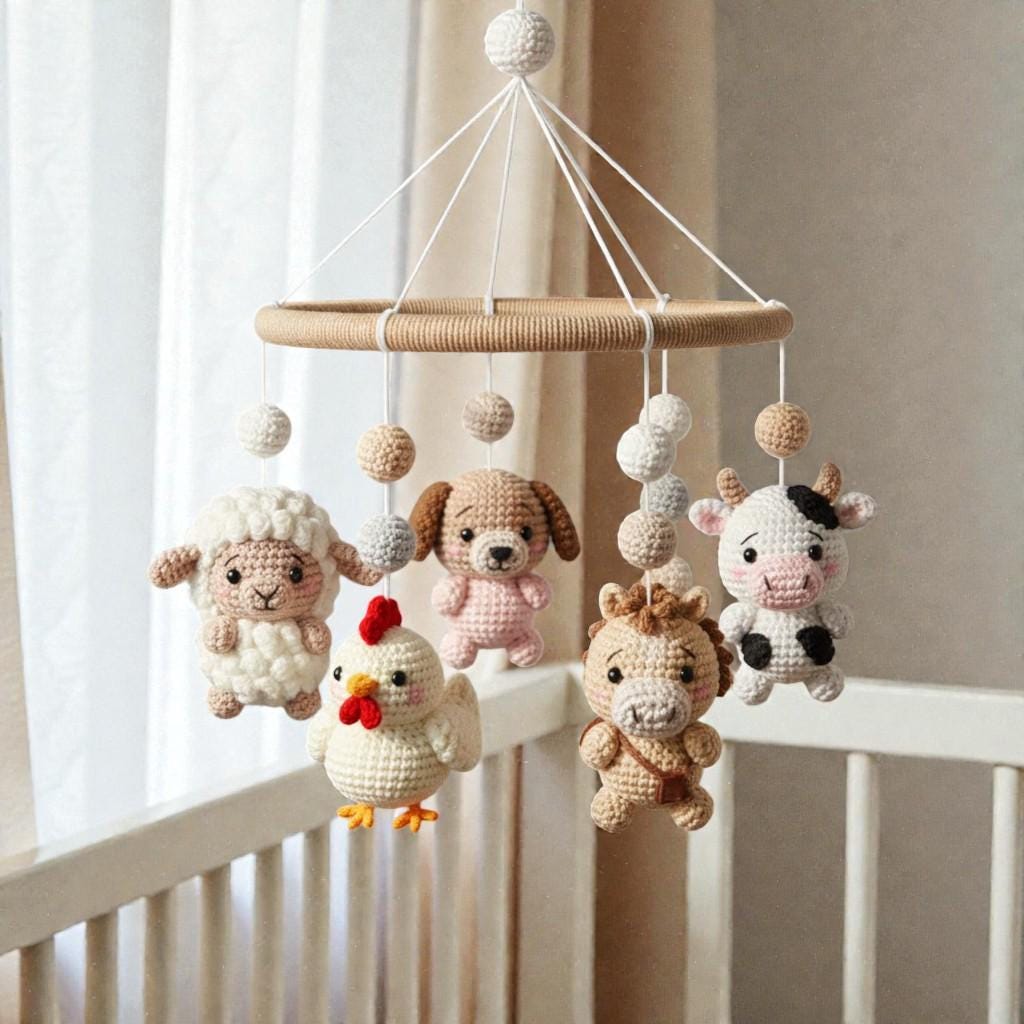 Crochet Animal , Handmade Hanging , Theme Nursery Decor, Neutral Farm Mobile, Textile Art Decor