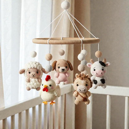 Crochet Animal , Handmade Hanging , Theme Nursery Decor, Neutral Farm Mobile, Textile Art Decor