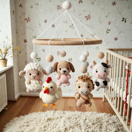 Crochet Animal , Handmade Hanging , Theme Nursery Decor, Neutral Farm Mobile, Textile Art Decor
