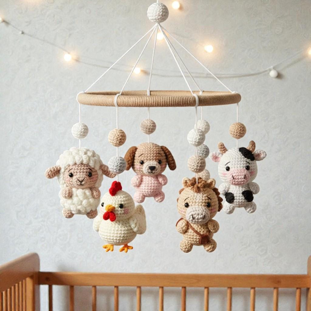Crochet Animal , Handmade Hanging , Theme Nursery Decor, Neutral Farm Mobile, Textile Art Decor