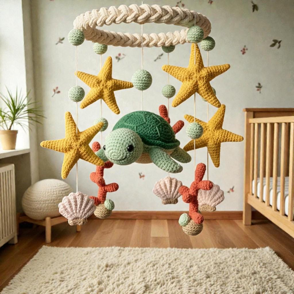 Crochet Sea Turtle Mobile, Handmade Ocean Hanging Decor, Coastal Fiber Art Mobile